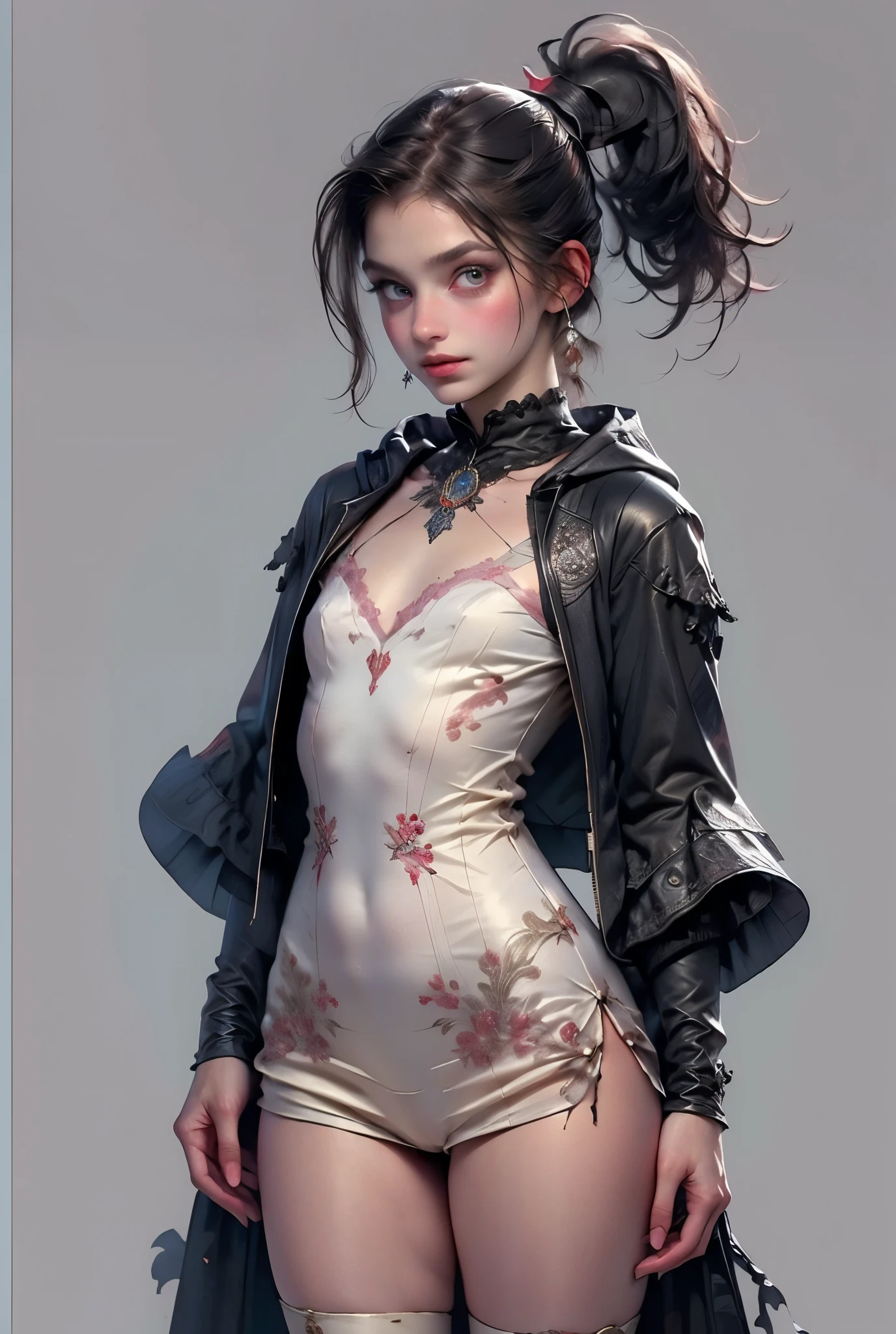 ((best quality)), ((masterpiece)), (detailed), perfect face (((masutepiece, of the highest quality, super detailed))), hand drawn style, hand painted style, watercolour, sketch, a knight, white background, plain background, Bloodborne inspired, tatty Bloodborne attire, occult aesthetic, occult, tatty red and white clothing detailed and intricate steampunk and detailed gothic ta (with a hood), long coat, Complex laced boots, Fluttering lace flared long knee length dress with frilly petticoats, long dress, knee length dress, pleated petticoats, loliress, petticoats gothic lolita aetic, beautiful small breasts, (((flat chest:1.1))), (((( Highly detailed face))), small thin nose, Small thin lips mouth, (((Very sharp focused eyes))), Very large slit precision pale grey eyes that shine like jewels. looking here, (resolved expression), (resolute expression), ((dark hair)), ((long ponytail, thick ponytail, heavy ponytail)), very long eyelashes, white background, Very dramatic and cinematic lighting, tatty damaged old red and white clothing, full body, whole body, body, ((NSFW))
