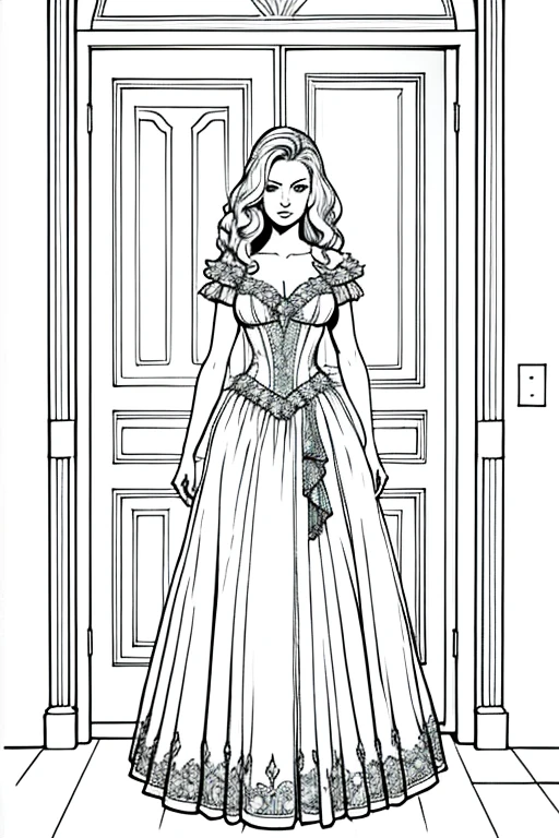 ((Highest quality)), ((masterpiece)), (detailed), One person, A painting of a woman in a dress standing in front of a sexy door.,Line art