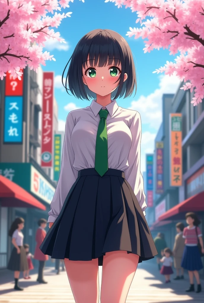 Female, Anime, 17-year old, Short black-hair, Faired skin, Emerald eyes, White long-sleeved shirt, Green necktie, Black skirt, High-heeled black boots