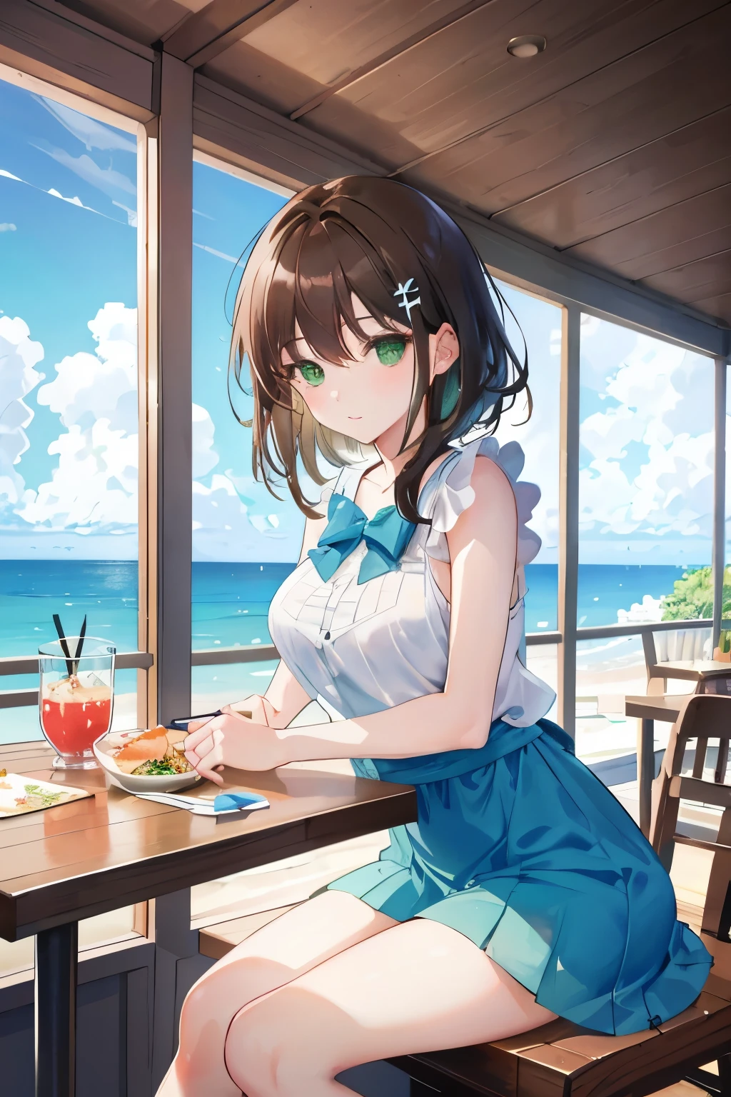 ((masterpiece, Highest quality, High resolution, 超High resolution, Pixel perfect, Written boundary depth, 4K, RTTX 10.0, High resolution))), 1 person, single, alone, Beautiful Anime, Beautiful art style, Anime characters, ((Shortcuts, bangs, Dark brown hair)), ((Green Eyes:1.4, Round eyes, Beautiful eyelashes, current eyes)), ((Smooth texture:0.75, Anime CG style)), ((Dynamic Angle, close)), Perfect body, (cute), Normal chest, whole body, ((4K, 8k, Highest quality, Perfect Fingers: 1.3, Perfect Anatomy: 1.3, Background Blur)), whole bodyアングル, An illustration of someone at a restaurant with a view of the sea., The character is dressed in a refreshing summer outfit, Sitting in the window seat, She gazes at the beautiful sea stretching out beyond the window, Enjoying a meal with a relaxed expression, Delicious food and drinks are lined up on the table, The blue sea and sky spread out in the background., Gentle waves are lapping at the shore