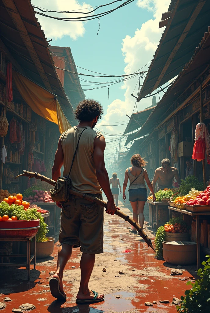 Show an apocalyptic market scene in Thailand with zombies attacking amidst the chaos of a bustling street market.
Main Characters: Focus on market vendors and shoppers turned survivors, fighting to protect themselves and others. The main character could be a vendor wielding an improvised weapon.
Details: Include market stalls, food carts, and traditional Thai products scattered and damaged. Zombies should be depicted grabbing at the stalls or attacking shoppers.
Atmosphere: Use vibrant, chaotic colors to reflect the market’s previous liveliness juxtaposed with the current chaos. Bright lighting and dynamic movement should enhance the frenetic energy.