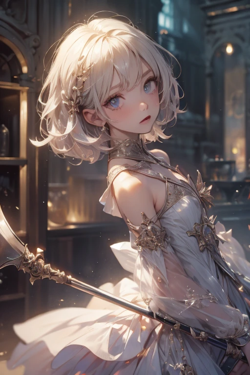 ((Highest quality)), ((masterpiece)), (detailed), A large amount:1.2),extremely detailed cute anime face, (((Flat Chest))), (Flat Chest:1.1),((((Short Bob Hair)))),Complex eyes,beautiful detailed eyes,Symmetrical eyes,(((detailed face))),beautiful detailed lips, If you look at this, (((Embarrassing))),(emotional expression),(My heart is pounding with anticipation.), A translucent white dress reveals her skin、String panties,Riding a wooden horse,Cover with water