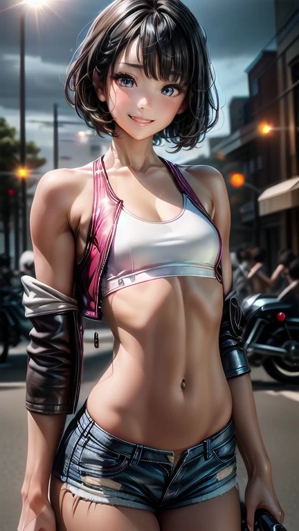 (Cowboy Shot), (Perfect Anatomy, Highest quality, 超High resolution, High resolution, Highly detailed CG, 8K Unit Wallpaper), 26-year-old woman, alone, Beautiful attention to detail, Black Hair, Short Bob Hair, Blunt Bang, (Small breasts, A slender body like a sculpture, Sports competition), Glowing Skin, Oily skin, (Punk Fashion, leather jacket, Tank top, Micro Shorts), (Drive a motorcycle,Harley-Davidson), On the road, Tokyo, At night