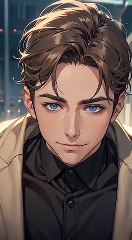 a mature man with short grey Brown hair, blue eyes, 34 years, and a perfect face, smiling in love, CEO, cinematic lighting, 1:4 HDR image, top view, ultra detailed, best quality, masterpiece, 8K, photorealistic, beautiful image
