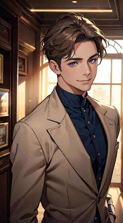 a mature man with short grey Brown hair, blue eyes, 34 years, and a perfect face, smiling in love, CEO, cinematic lighting, 1:4 HDR image, top view, ultra detailed, best quality, masterpiece, 8K, photorealistic, beautiful image