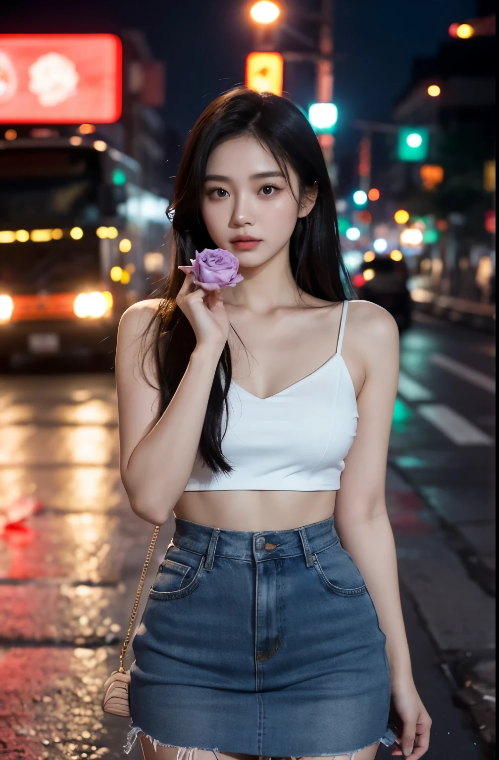 Scene Overview: A beautiful young Thai woman with fair skin and an oval face, aged 20-25, wearing a white sexy dress and holding a red rose
Visual Elements: Streets wet from rain, neon lights reflecting on the pavement
Lighting and Colors: Vibrant yet isolated, blues and purples dominate
Dynamics and Motion: The young woman holding a rose on the road
Focus and Background: Focus on the young woman holding a rose on the road, with city life blurred in the background
Emotion and Atmosphere: A profound sense of the young woman holding a rose amidst the vibrant city. Expressive and poignant scenes with a focus on the young woman and the flower, set against a backdrop of modern technology and urban spaces. The visuals should convey a deep sense of yearning and emotional struggle, with muted colors and dramatic lighting to enhance the mood.