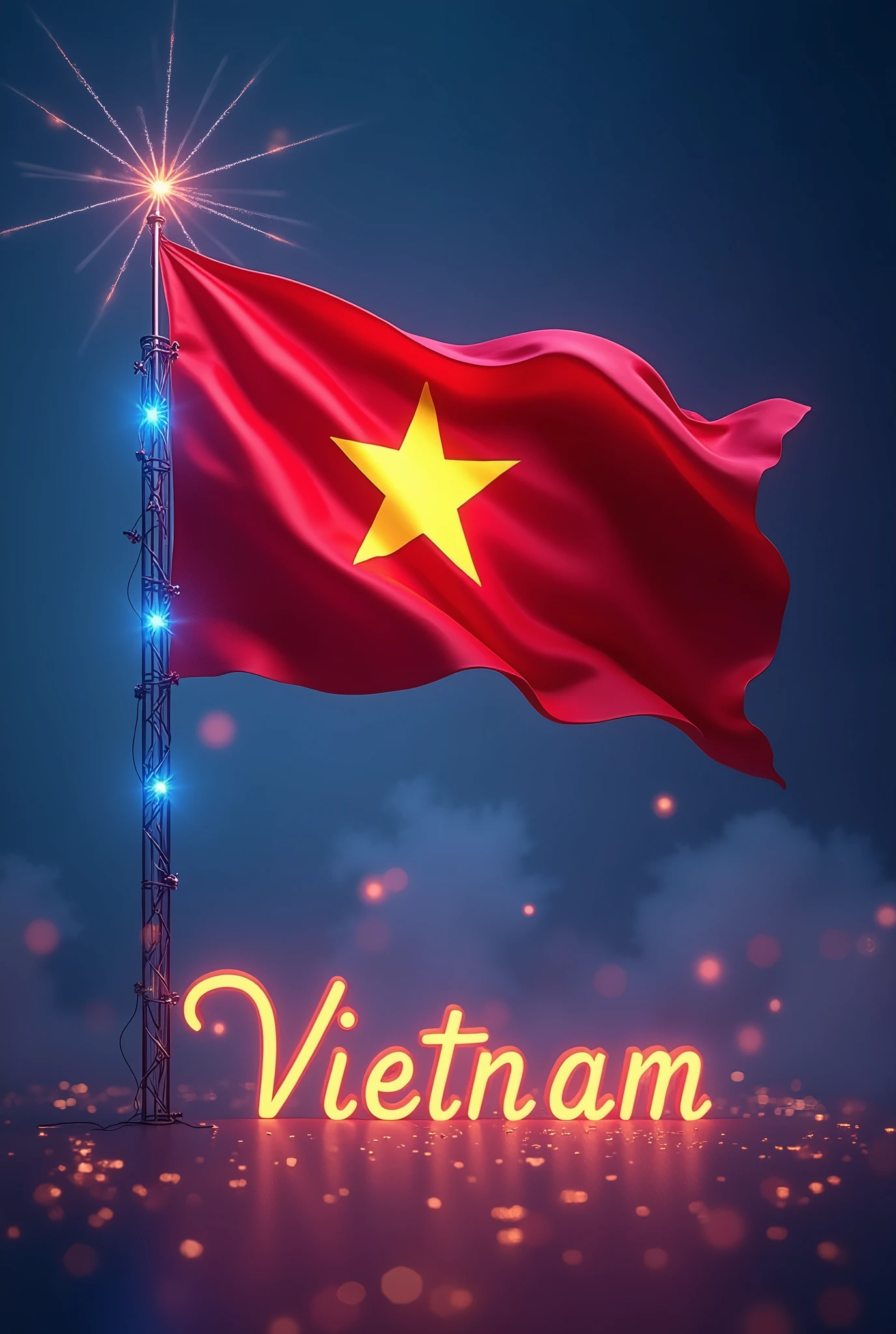 A high quality, engaging 3D illustration of the Vietnamese flag, with vibrant colours and intricate detail. The flag is shown waving in the wind, with a red background and a large yellow star in the centre, and a blue arm decorated with bright lights. The dynamic and cinematic design creates a sense of movement and energy, with a dark blue and purple background. The typography featuring the country name adds an elegant touch, making this a powerful poster or cover image., poster, cinematic, typography, photo, illustration, 3d rendering