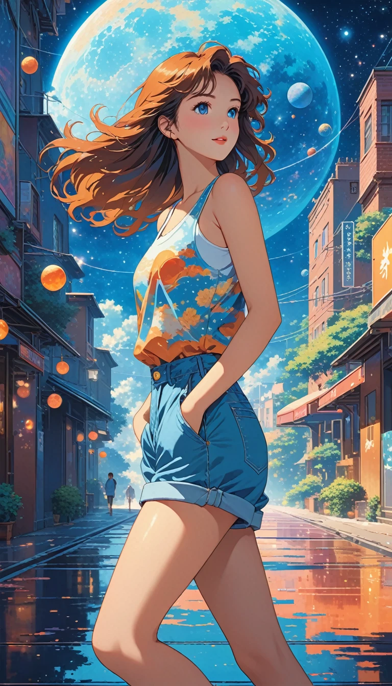 alone, lofi artstyle, lofi art, city, town, 80s anime style, Retro, Lo-Fi, masterpiece, best quality, (extremely detailed CG unity 8k wallpaper), (best quality), (best illustration), (best shadow), absurdres, realistic lighting, (Abyss), beautiful detailed glow, In the image, there is a stylized illustration of a female character set against a cosmic backdrop. The character appears to be in motion, with her long hair flowing behind her, suggesting movement through space. She is adorned with a casual outfit consisting of a tank top and shorts, complemented by sneakers. Her attire and the overall design of the image have a modern, graphic feel. The background features various celestial bodies like planets and stars, rendered in a mix of warm and cool colors, which adds to the sense of an expansive universe. The color palette includes shades of blue, orange, and white, contributing to the dynamic and dreamlike atmosphere of the scene.