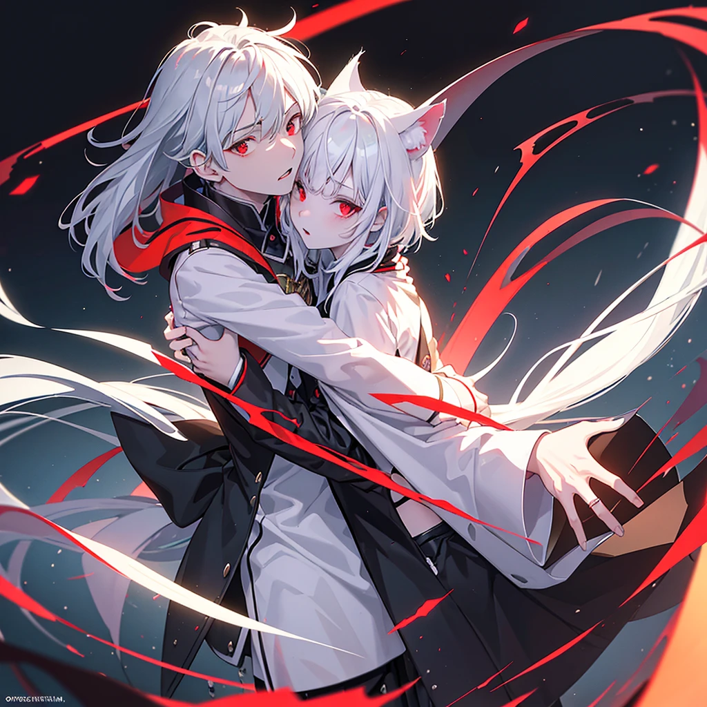 (Masterpiece, best quality:1.2), cat ears, red eyes, Black and red street wear, ((focus man)), ((1 boy)), young man, anime style, Man's face, handsome, Good page., beautiful eyes, ((Portrait)), red eyes, white hair, Medium black mane with a line in the middle., expressionless, look at viewer, Chest hug, white hair, ring, Subsurface Dispersion, PBR texturing, Anisotropic,depth of field, Maximum clarity and clarity, multi-layered surface, surface shading, Accurate simulation of light-material interactions, perfect proportions, Octane rendering, Two-tone lights