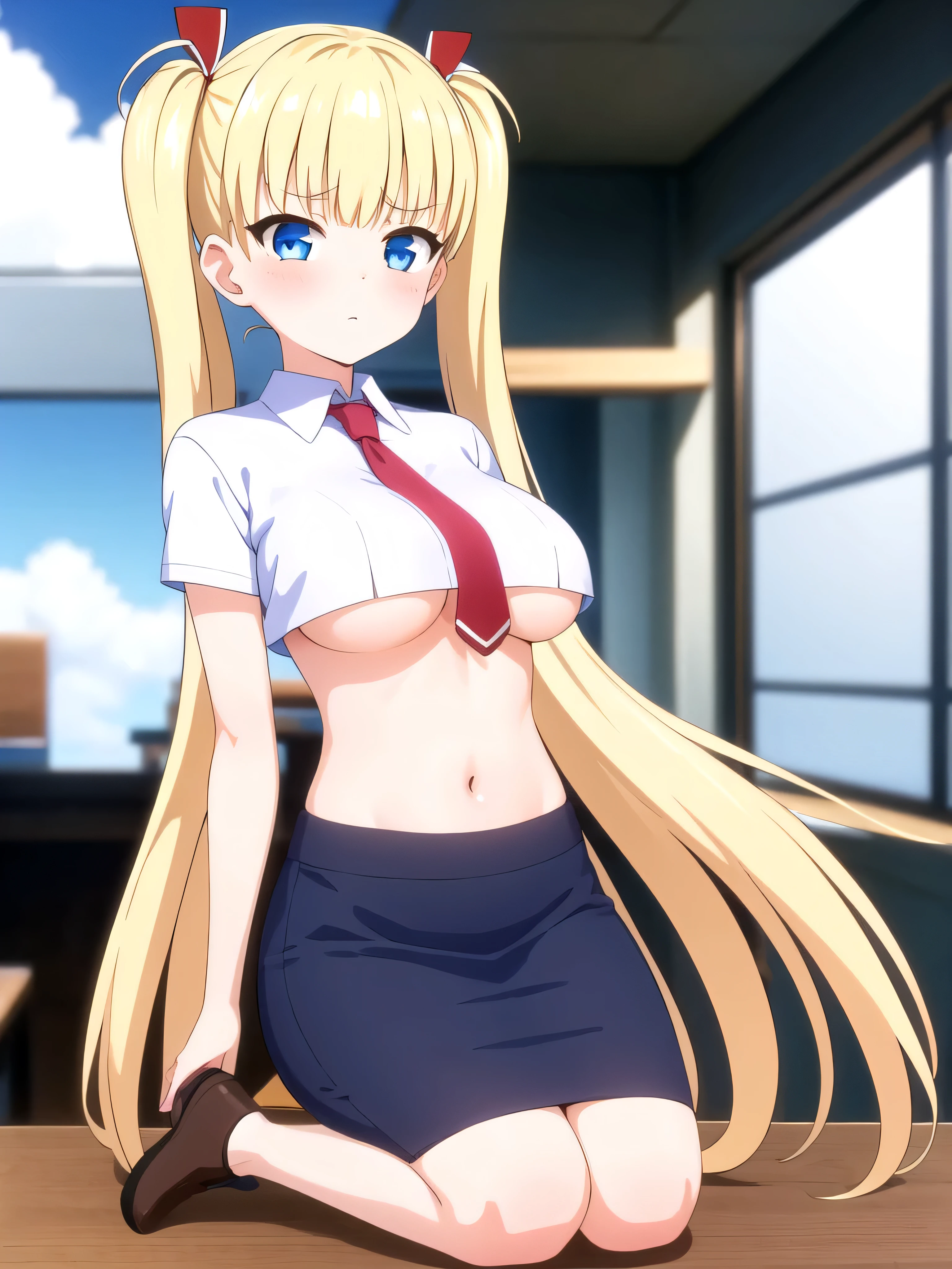 (masterpiece, Best Quality:1.2), absurdities, perfect anatomy, 1 girl, full body, looking at the viewer, blunt bangs, ( crop top, (areolae: 1.2), pencil skirt, underboob, collared shirt, necktie), Focus only, Soft lighting, (blue eyes), blonde hair, very long hair, twintails, Airi Akizuki, medium breast,