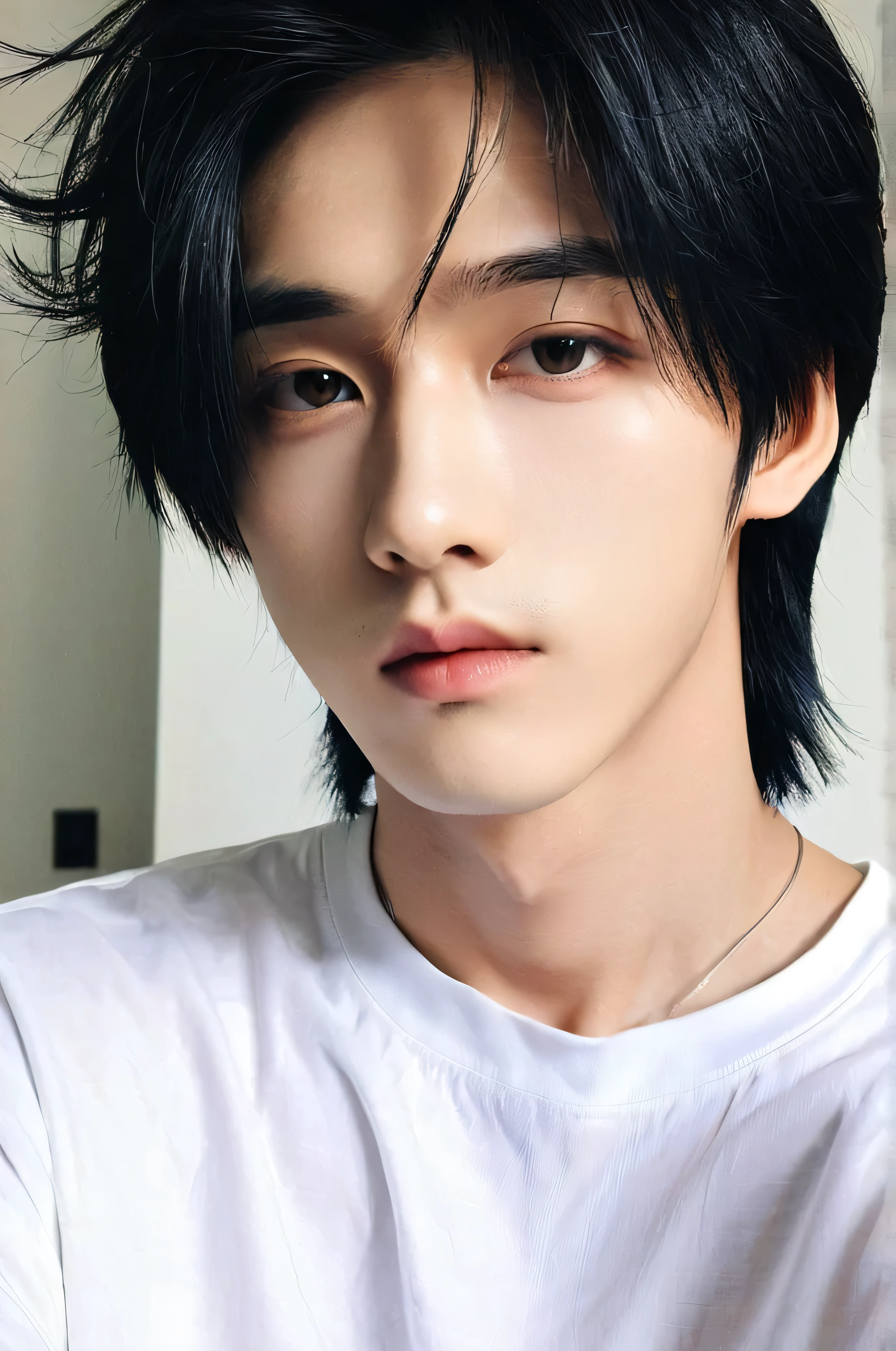 One boy、Young man with black hair(Mash Straight)((Long Hair)),With nape、Long enough to cover the earale K-Pop Idols、Levi Ackerman、Medium portrait、chop、Beautiful Model、Oval Face、Vivid、Selfie、(In a dark room)、The whole body is shown、((Full body photo))