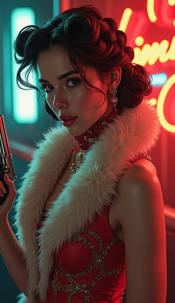 2d anime, japanese manga, 1girl, 1950s, fashion, elegant, flapper dress, faux fur collar, 1950s braided rolls, victory rolls hairstyle, bandana covering mouth, color, pistols, stage performer, dynamic pose, (best quality,4k,8k,highres,masterpiece:1.2),ultra-detailed,(realistic,photorealistic,photo-realistic:1.37),vibrant colors,dramatic lighting,cinematic composition,cinematic lighting,dramatic pose