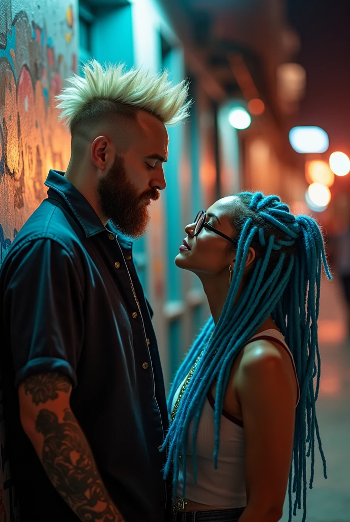 Un homme blanc avec une barbe et une crête blonde qui est début et une femme blanche avec des dreadlocks bleues et des lunettes a genoux au pieds de l'homme