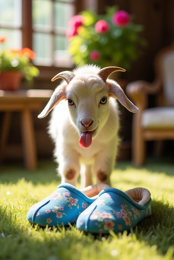 The goat is licking the blue and white slippers