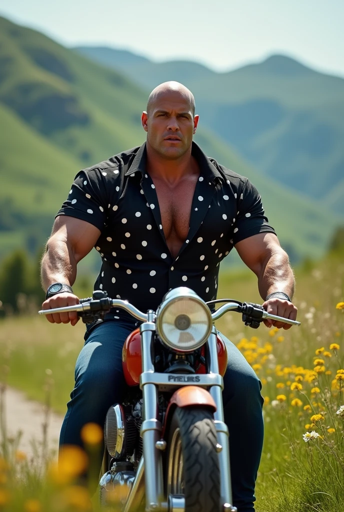Big giant body builder bald men wearing unbuttoned double pocket black shirt with white dot on heavy motor bike in beautiful valley