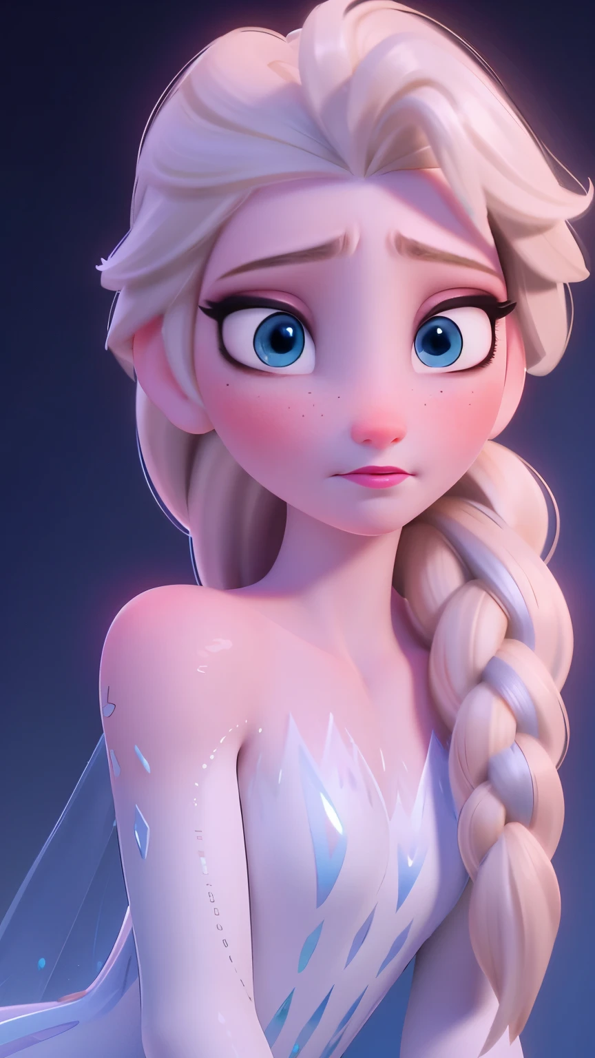 Elsa, (perky breasts), (((small breasts))), smirk:1.2, beautiful blue eyes, (perfect iris’s), depth of colour to her eyes, blonde hair, long hair, braid, full lips, blush, naked, she is showing her vagina, depth of field, bokeh, (special attention to skin detail: 1.2), masterpiece, best quality, ultra-detailed, ultra-HD, photorealistic, cinematic, ((mid camera shot)), sensual pose, alluring, nipples:1.4, looking up at camera, closeup on her face, her cheeks are blushed, 22 years old, she is on her knees, eye contact:1.4, high angle:1.5, ((closeup on face)), perfect face, (((visible breasts))) bokeh everything other than her perfect face, location is Arendelle in winter, ice castle