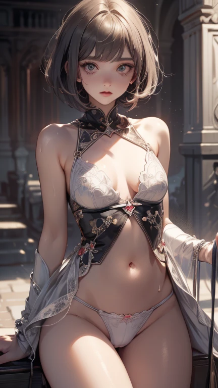 ((最high quality)), ((masterpiece)), (detailed), One person, (Large forehead:1.2) ((toned body,slender body,skinny:1.3)) ,extremely detailed cute anime face, (((Flat Chest))), (Flat Chest:1.1),((((lBob Cut Hair)))),Complex eyes,beautiful detailed eyes,Symmetrical eyes,(((detailed face))),beautiful detailed lips, Dynamic pose, If you look at this, resolved, Resolute, High resolution,(最high quality),(ultra detailed,extremely detailed),Perfect Face details, ((masterpiece:1.4, 最high quality))+, (ultra detailed)+, Bob Cut Hair, cute, (Flat Chest:1.1), Small breasts, slim body, skinny, prominent clavicle, skinny arms, Flat Stomach, Pelvic bones are visible, Ribs are visible, Bob Cut Hair, Redhead, Small breasts, Perfect Face, Small breasts (Flat Chest:1.1), Detailed body,Complete limbs, (Flat Chest:1.1),Hair,crown, Wide-angle, Bokeh, Wide-angle, Attention to detail, high quality, high qualityのアニメアートスタイル, masterpiece, occult aesthestic, occult, whole body, full body, body, Gorgeous mourning clothes, Inspired by the Knights Templar, underwear, White panties, I can see your chest (Small breasts) cum on her body, Full of, Glowing Skin,Glowing Skin,(Sweat:1.3),Riding a rocking horse