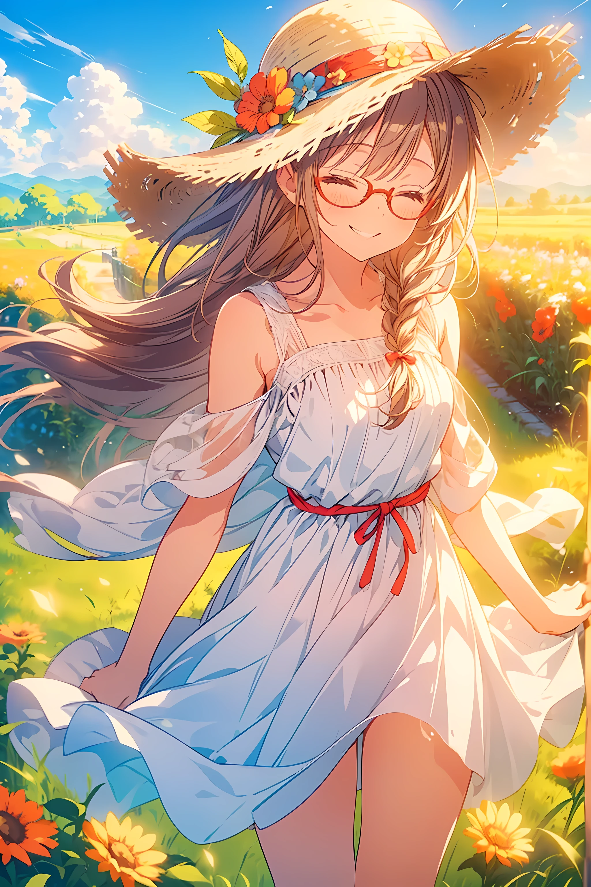 1girl, solo, straw hat, glasses, ((smiling with eyes closed)), braided brown hair, hair over shoulders, facing viewer, standing in flower field, white dress, masterpiece, best quality, in 8K, ultra-high resolution, heavy wind
