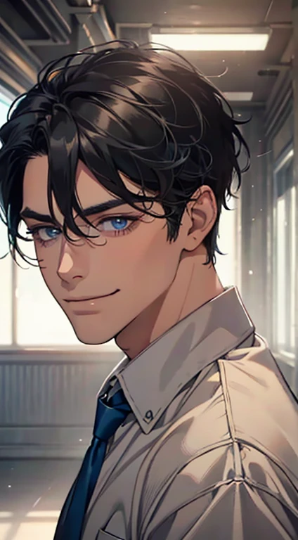 a mature man with short grey Black hair, blue eyes, 31 years, and a perfect face, smiling in love, CEO, cinematic lighting, 1:4 HDR image, top view, ultra detailed, best quality, masterpiece, 8K, photorealistic, beautiful image