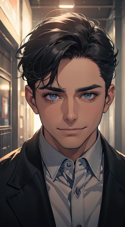 a mature man with short grey Black hair, blue eyes, 31 years, and a perfect face, smiling in love, CEO, cinematic lighting, 1:4 HDR image, top view, ultra detailed, best quality, masterpiece, 8K, photorealistic, beautiful image