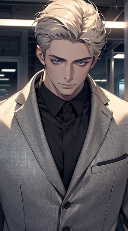 (best quality,4k,8k,highres,masterpiece:1.2),ultra-detailed,(realistic,photorealistic,photo-realistic:1.37),1 man,31 years old,mature man,very handsome,without expression,smile,short grey golden hair,blue eyes,penetrating gaze,perfect face without errors,imposing posture,businessman,office background,cinematic lighting,hdr image