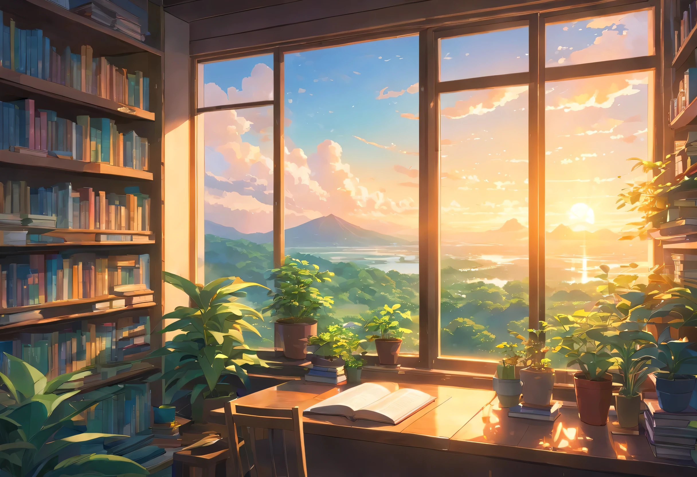 an exremely close up shot of a large window filled with plants and books is overlooking a breath taking and beautiful nature scenery, sunrise