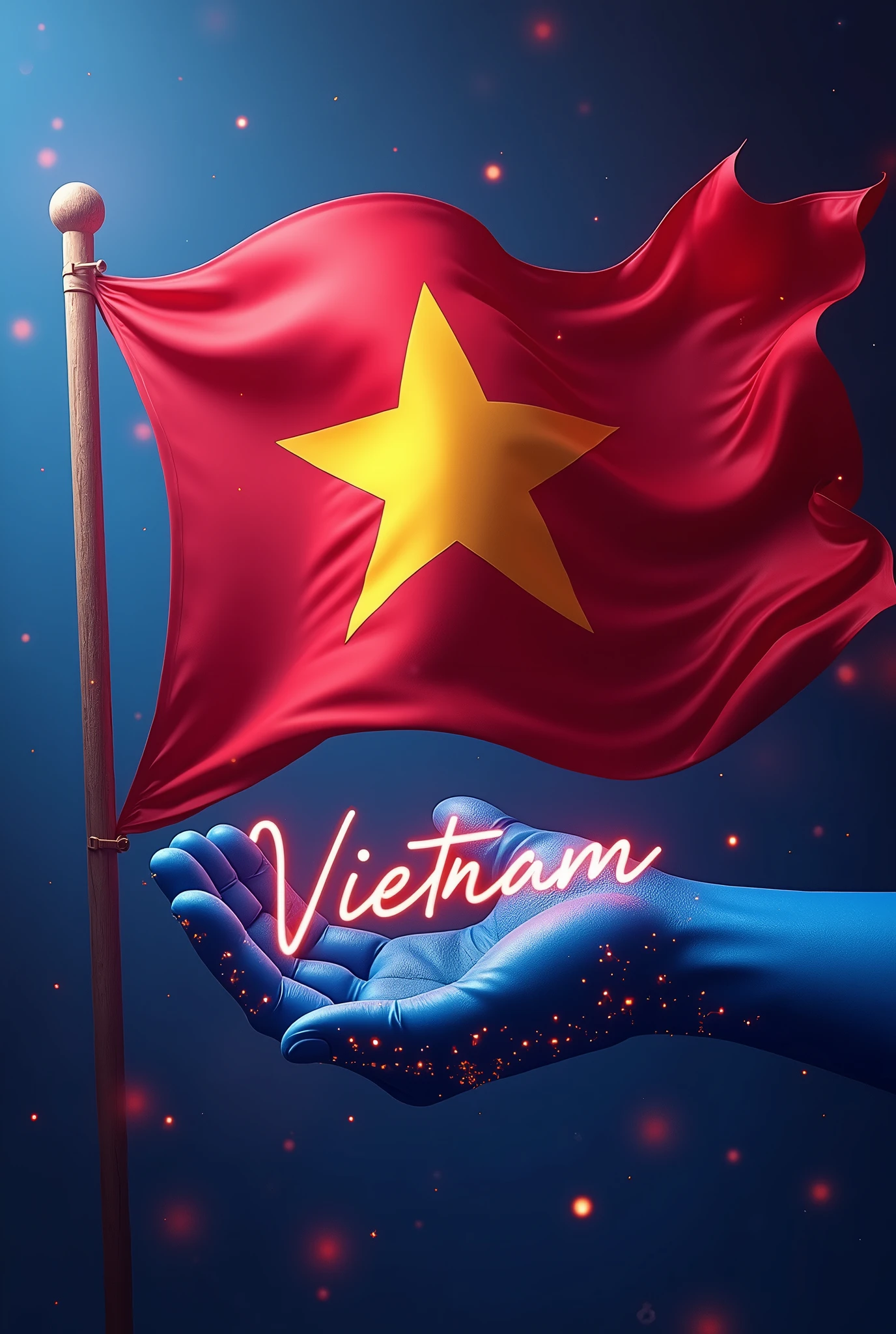 A high quality, engaging 3D illustration of the Vietnamese flag, with vibrant colours and intricate detail. The flag is shown waving in the wind, with a red background and a large yellow star in the centre, and a blue arm decorated with bright lights. The dynamic and cinematic design creates a sense of movement and energy, with a dark blue and purple background. The typography featuring the country name adds an elegant touch, making this a powerful poster or cover image., poster, cinematic, typography, photo, illustration, 3d rendering