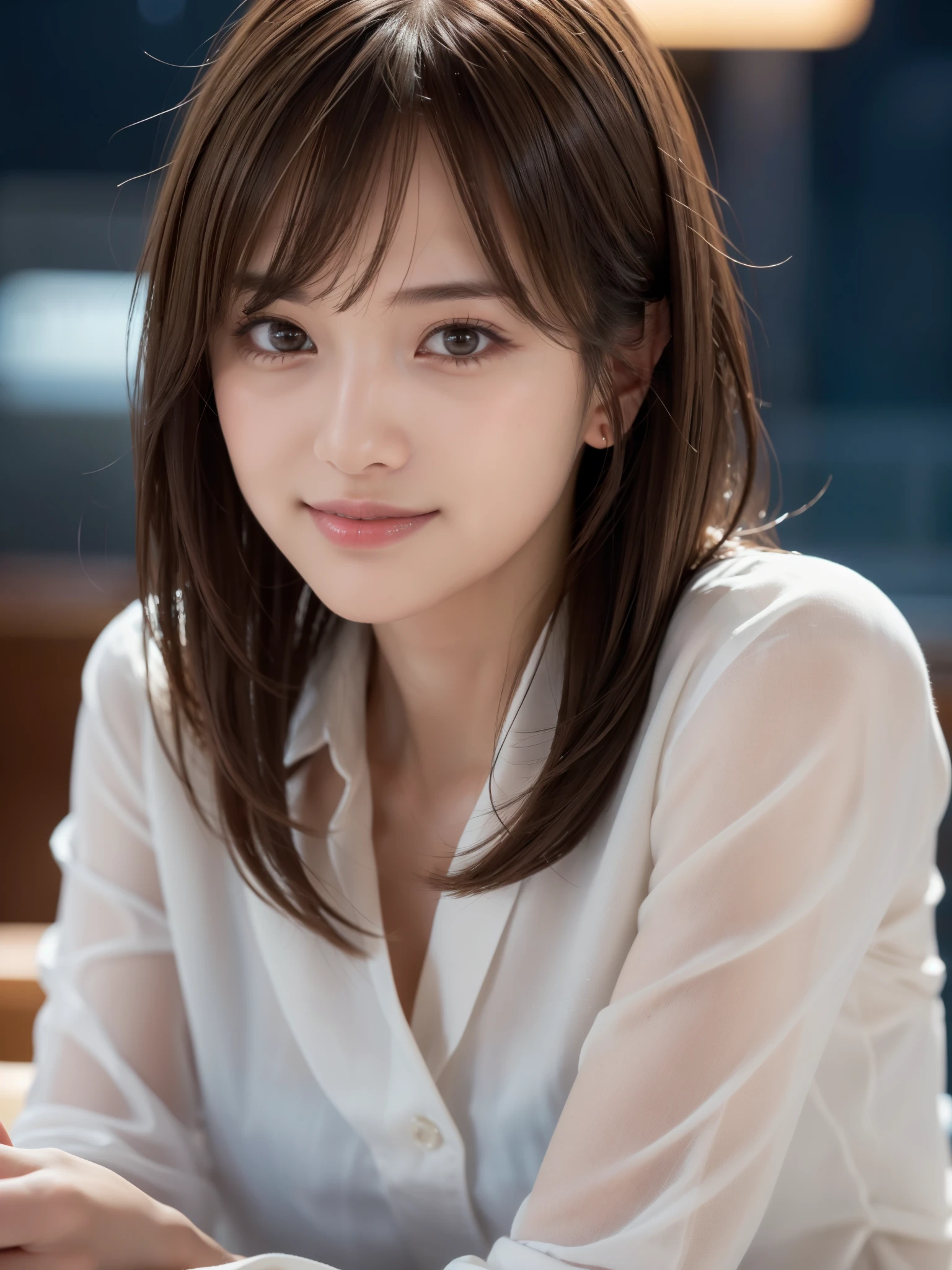 1 cabin attendant,(Cabin Attendant Uniform), (RAW Photos, Highest quality), (Realistic, Photorealistic:1.4), Tabletop, Very delicate and beautiful, Very detailed, 8k wallpaper, wonderful, In detail, Highly detailed CG unification, High resolution, Soft Light, Beautiful and detailed 25-year-old beauty, Very detailed目と顔, Beautifully detailed nose, Beautiful attention to detail,Cinema Lighting,Night airport,Perfect Anatomy,Slender body,smile  (My hair is messy, Asymmetrical bangs, Light brown hair,)