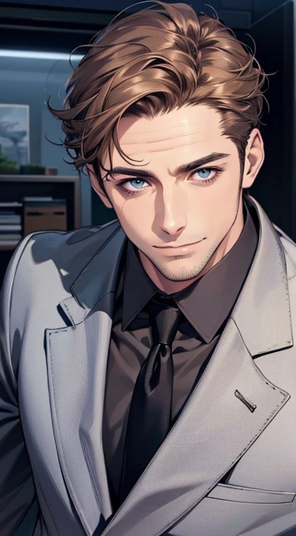(best quality,4k,8k,highres,masterpiece:1.2),ultra-detailed,(realistic,photorealistic,photo-realistic:1.37),1 man,31 years old,mature man,very handsome,without expression,smile,short grey brown hair,blue eyes,penetrating gaze,perfect face without errors,imposing posture,businessman,office background,cinematic lighting,hdr image