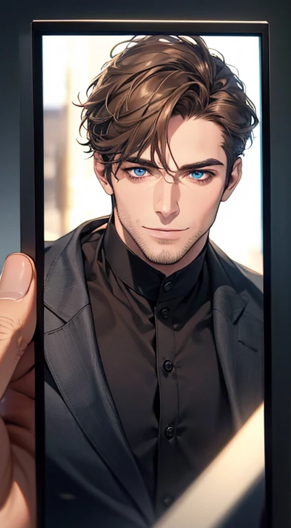 (best quality,4k,8k,highres,masterpiece:1.2),ultra-detailed,(realistic,photorealistic,photo-realistic:1.37),1 man,31 years old,mature man,very handsome,without expression,smile,short grey brown hair,blue eyes,penetrating gaze,perfect face without errors,imposing posture,businessman,office background,cinematic lighting,hdr image