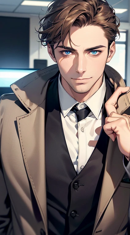 (best quality,4k,8k,highres,masterpiece:1.2),ultra-detailed,(realistic,photorealistic,photo-realistic:1.37),1 man,31 years old,mature man,very handsome,without expression,smile,short grey brown hair,blue eyes,penetrating gaze,perfect face without errors,imposing posture,businessman,office background,cinematic lighting,hdr image