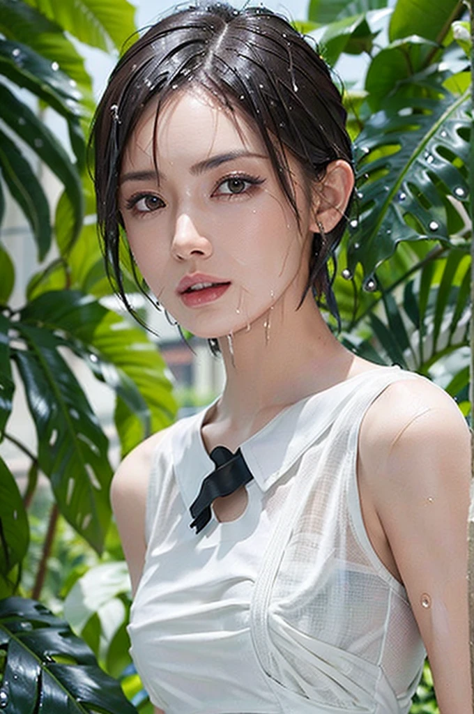 (Masseter muscle area:1.3), (8k, Photorealistic. RAW Photos. Highest quality::1.4), (1 adult female), Beautiful expression, (A vivid face), sharp brown eyes, Supermodel face, (Wet black hair, short hair:1.6), Beautiful hairstyle, Realistic eyes, Beautiful details, Realistic Skin), Beautiful skins, (White dress shirt:1.6), Absurd, Charm, Ultra-high resolution, Surreal, High definition, Golden Ratio