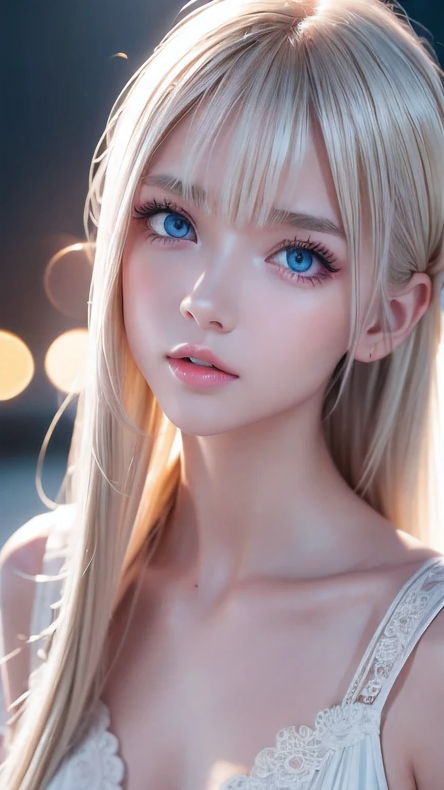 Fine, natural platinum blonde hair、Super long straight hair、Face and eye bangs、Very bright blue large eyes、Transparent white and wet nightgown、Nordic youth、Perfect body、White muscle、Shiny skin、Young and beautiful skin、Perfect beautiful little face、Bright makeup、Pale pink lips、Bright expression、1 of、Buttonless shirt、lipstick、Deceptive advertising、{steams}、Viewer vision、Golden Hour Lighting、Bokeh Atmosphere Perspective、detailed、Movie Light、Intricate details、High resolution、Detailed features of the face design、detailed、Clear Focus、Smoothness、aesthetics、printing、Octane、masterpiece、{{}}