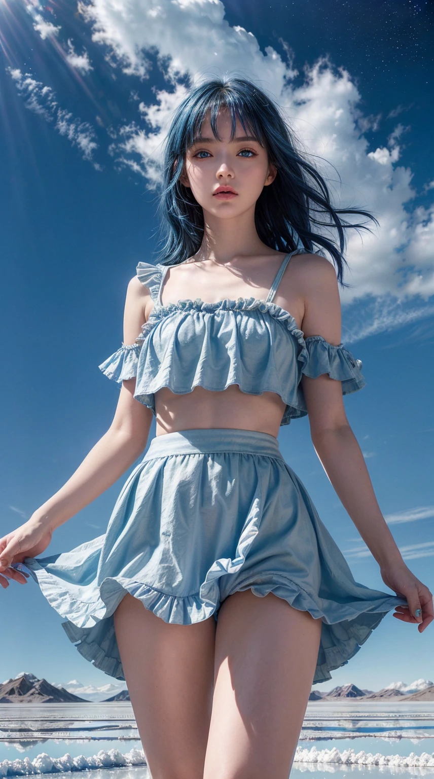 absurd, high resolution, (Official Art, beautiful and aesthetic:1.2), (myopia:1.15), (1 Girl, Blue Hair, Medium Length Hair, blue eyes, Bright Eyes, White long skirt, Blue ruffles,:1.2) Blue sky, Glittering galaxies, (Uyuni Salt Flats:1.2), (Fractal Art:0.8), Water Effects, Ripple effect, (Flower Effect: 0.65), Lighting Effects,