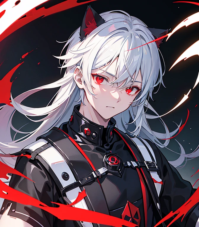 (Masterpiece, best quality:1.2),  cat ears, red eyes, Black and red street wear, ((focus man)), ((1 boy)), young man, anime style, Man's face, handsome, Good page., beautiful eyes, ((Portrait)), red eyes, white hair, Medium black mane with a line in the middle., expressionless, look at viewer, Chest hug, white hair, ring, Subsurface Dispersion, PBR texturing, Anisotropic,depth of field, Maximum clarity and clarity, multi-layered surface, surface shading, Accurate simulation of light-material interactions, perfect proportions, Octane rendering, Two-tone lights