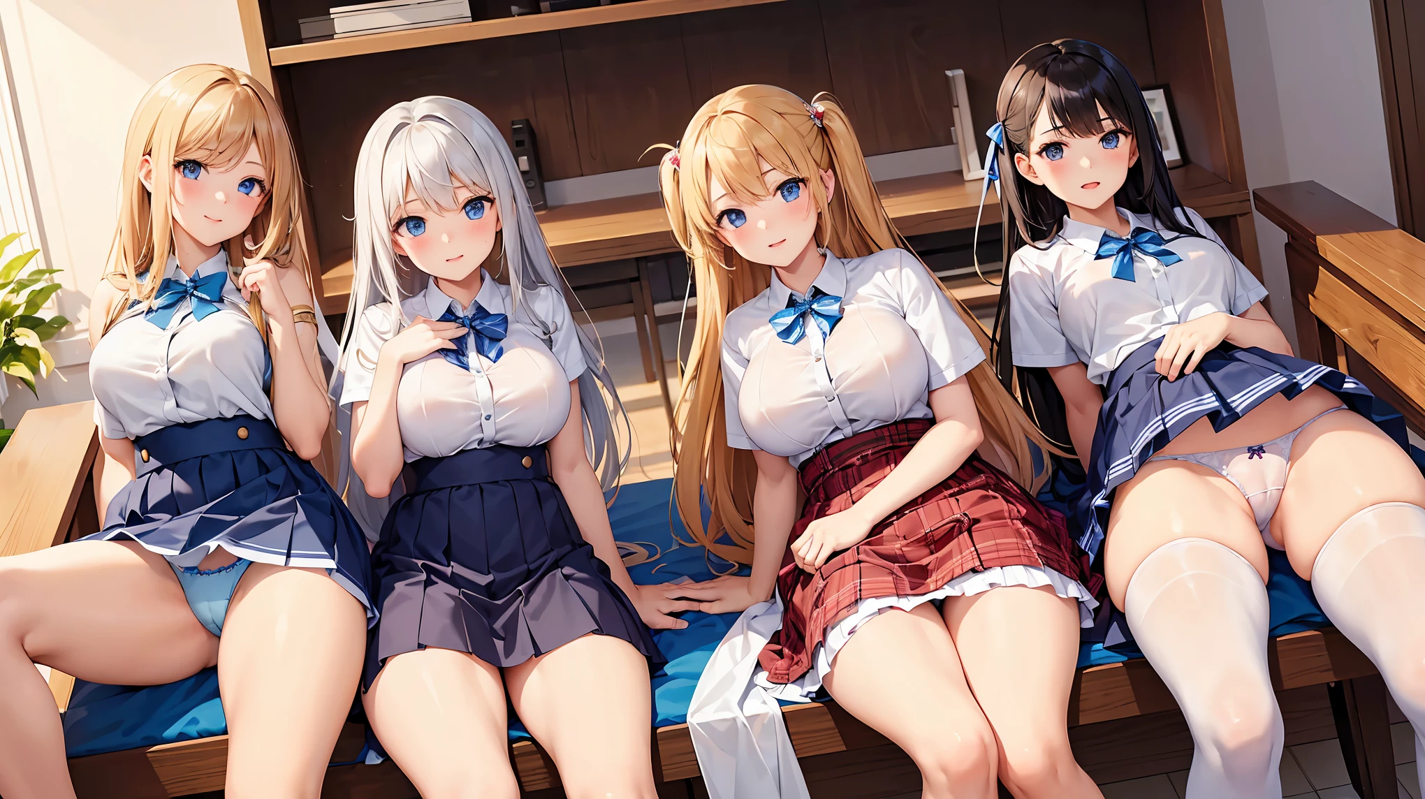 masterpiece, Highest quality, In detail, 5, (beautiful girl), cute, (tits), (A group of high school girls tucking up their skirts to show their panties.), multiple