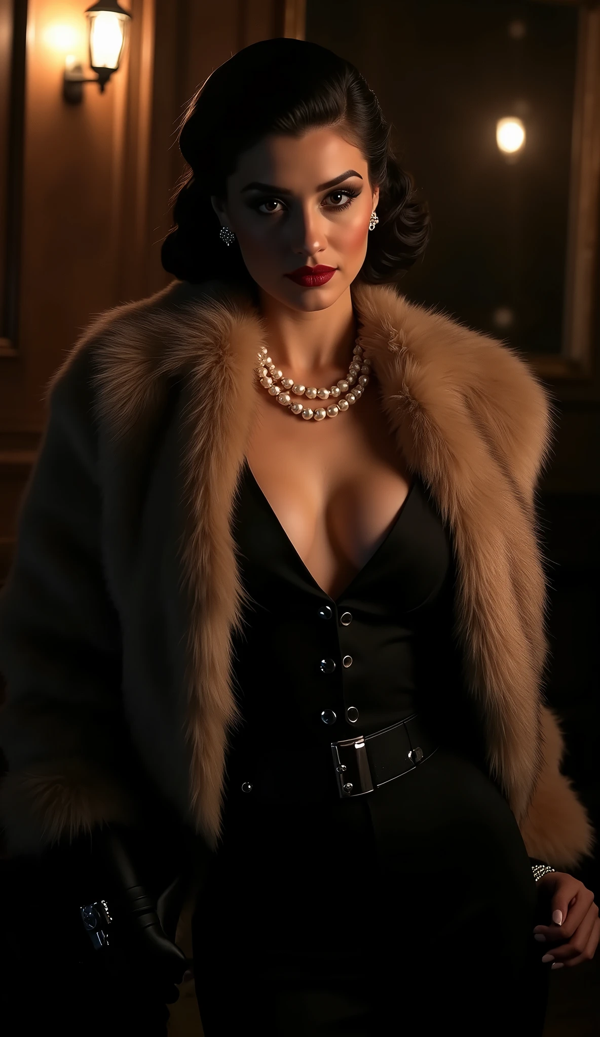 1930s female gangster, femme fatale, elegant Gangster Moll suit cinched, faux fur coat, waist, wide shoulders, dramatic makeup, red lips, dark eyeshadow, slicked-back hair, pearl necklace, pearl earrings, holding a pistol, dimly lit, high contrast, chiaroscuro lighting, film noir aesthetic, moody, atmospheric