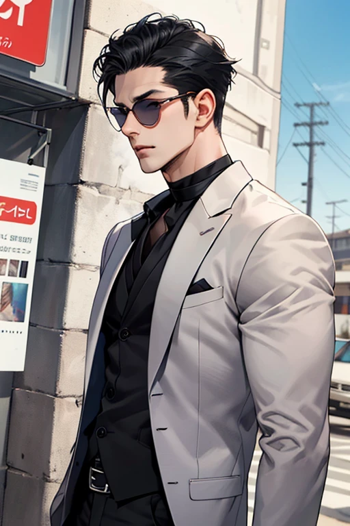 realisitic,(The Masterpiece,top-quality,best qulity,offcial art),very detailled,fullcolor,More Detailed,GOD,shorter hair,black color hair,handsome man,choker,manga curta,periphery,sun glasses, Suit
