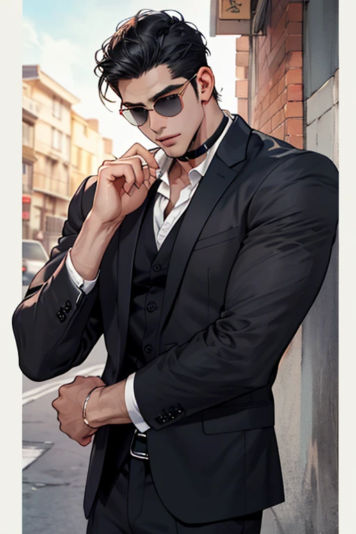 realisitic,(The Masterpiece,top-quality,best qulity,offcial art),very detailled,fullcolor,More Detailed,GOD,shorter hair,black color hair,handsome man,choker,manga curta,periphery,sun glasses, Suit