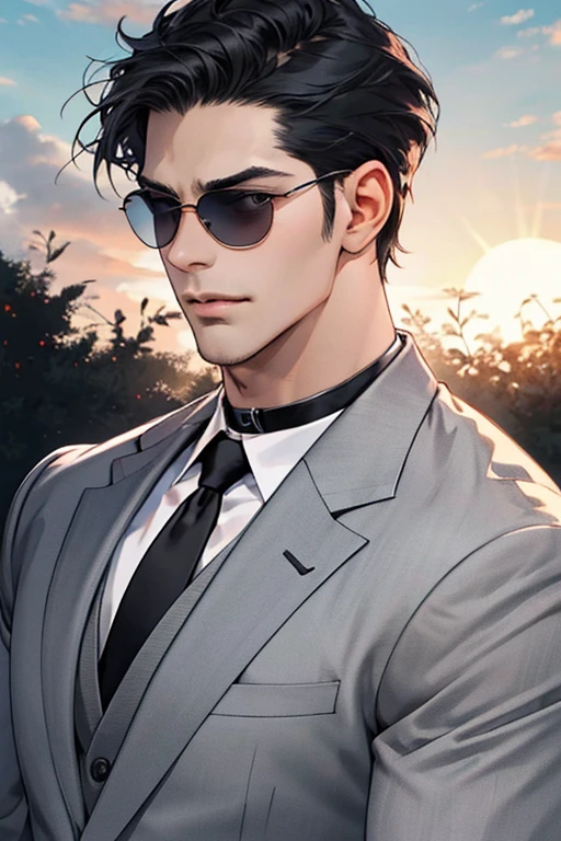 realisitic,(The Masterpiece,top-quality,best qulity,offcial art),very detailled,fullcolor,More Detailed,GOD,shorter hair,black color hair,handsome man,choker,manga curta,periphery,sun glasses, Suit