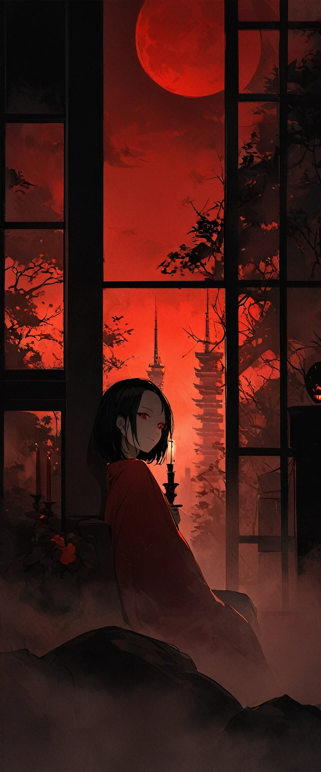 Red silk kimono。Beautiful in the mist,Sitting in the fog。Black belt。smile。Black Short Hair。forehead,big, beautiful red eyes。Dead skin。alone。darkness。Spooky atmosphere。Japan。night。full moon。Red Sky。Red flower,modern。Chiaroscuro,The skyscrapers of Tokyo's skyline。Have a candlestick。candle。