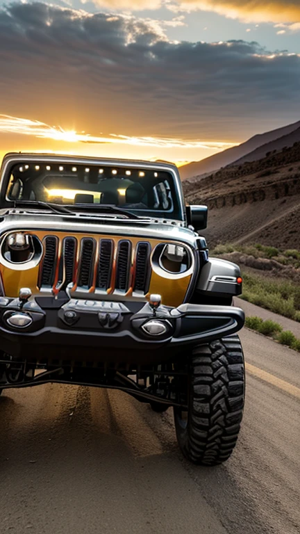 ((best quality:1.3)), ((masterpiece:1.3)), ((detailed background:1.3)), (8k), (RAW Photos:1.2), (Realistic), (Photos:1.3), (Highly detailed), CG, (7ba-jl36s), ((Detailed Jeep Wrangler:1.3)), ((Detailed Chrysler Jeep:1.3)), ((Detailed vehicle representation:1.3)), Highest quality, Ultra-high resolution, Realistic, (Physically Based Rendering:1.3), Cinema Lighting, Complex, Movie-like drawing, Cinematic soft light, Pleasant sunset, Cityscape, Realistic, Dynamic Angle,