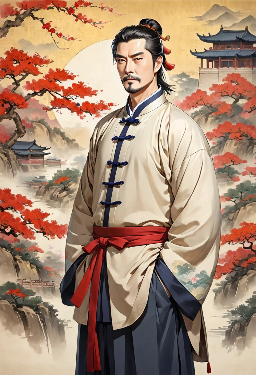 Three Kingdoms, leader, Middle-aged man, handsome, charisma, Clothes made of fabric, No decorations, Chinese-style clothes, traditional chinese dress, buttoned up outfit, chinese background, Plain clothing, No pockets
