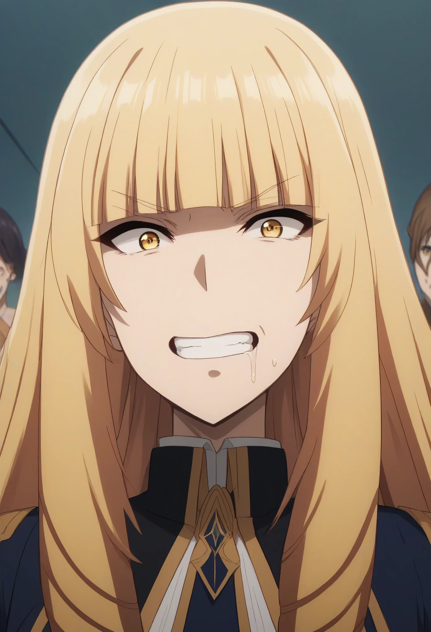 oriana rose, long hair, blonde hair, yellow eyes, drill hair, bangs, blunt bangs, big breast, grin, crazy, saliva, annoyed, anime style, anime, 4K, best quality, high quality, super detail, masterpiece