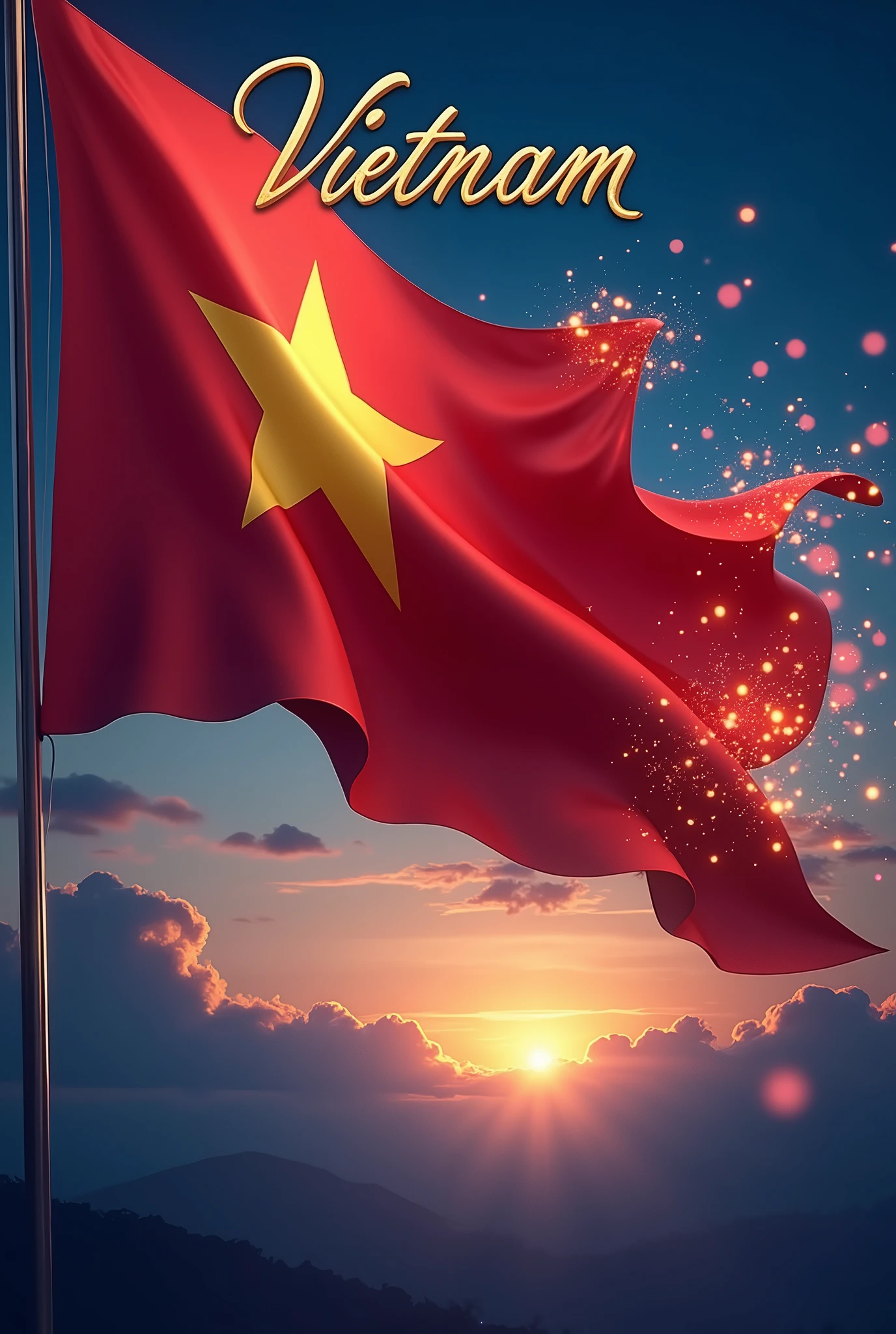 A high quality, engaging 3D illustration of the Vietnamese flag, with vibrant colours and intricate detail. The flag is shown waving in the wind, with a red background and a large yellow star in the centre, and a blue arm decorated with bright lights. The dynamic and cinematic design creates a sense of movement and energy, with a blue and golden background. The typography featuring the country name adds an elegant touch, making this a powerful poster or cover image., poster, cinematic, typography, photo, illustration, 3d rendering