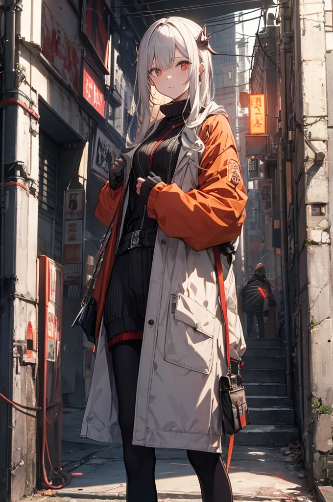 （Highest quality、High resolution、8k、mysterious、masterpiece：1.2）。Gatekeeper of Hell。In front of the gate that emits an evil aura、A woman wearing a cyberpunk orange mask is standing。She&#39;s curvy yet slender。Smiling and showing teeth。The beauty of lighting created by light and shadow。That&#39;s pretty detailed.。Dark skin and light eyes。The long white scarf around her neck is fluttering in the wind.。Aggressive fighting stance。Divinity。Aura overflowing。The bandages are fraying。original character。1 person、solo、Silver ponytail short hair、Black tattered coat、White shirt with black ribbon、Yellow-green checkered skirt、Long white socks、sf、Her arms are made of steel automail.。He carries a giant orange and lime green mechanical scythe on his shoulder.
