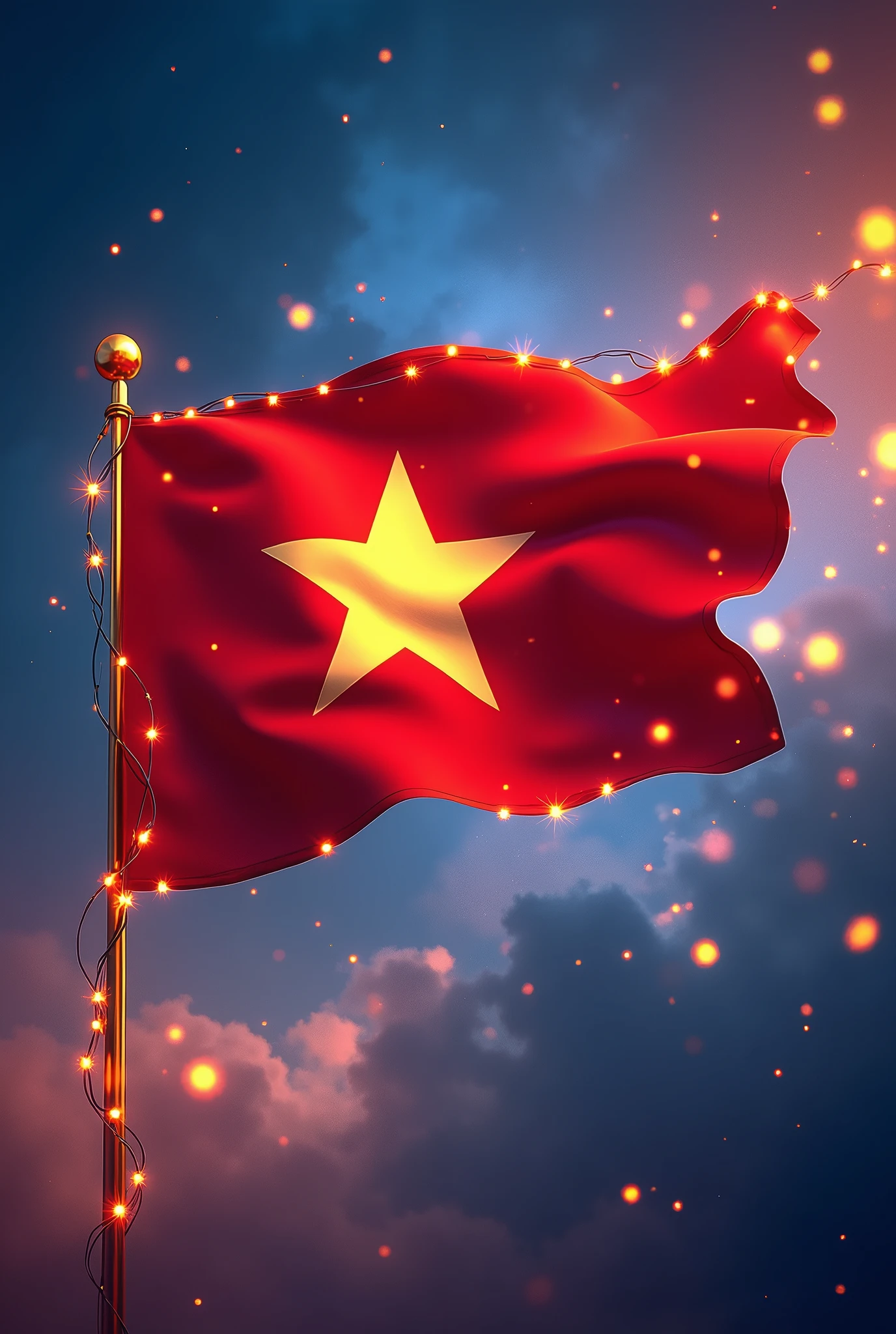 A high quality, engaging 3D illustration of the Vietnamese flag, with vibrant colours and intricate detail. The flag is shown waving in the wind, with a red background and a large yellow star in the centre, and a blue arm decorated with bright lights. The dynamic and cinematic design creates a sense of movement and energy, with a blue and golden background. The typography featuring the country name adds an elegant touch, making this a powerful poster or cover image., poster, cinematic, typography, photo, illustration, 3d rendering