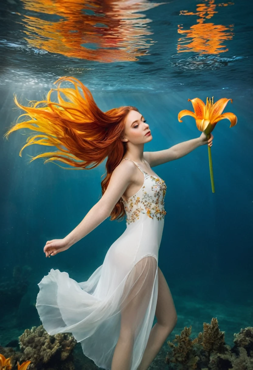 Girl underwater, long red flowing hair, Angel wings, orange-yellow and white lily flowers