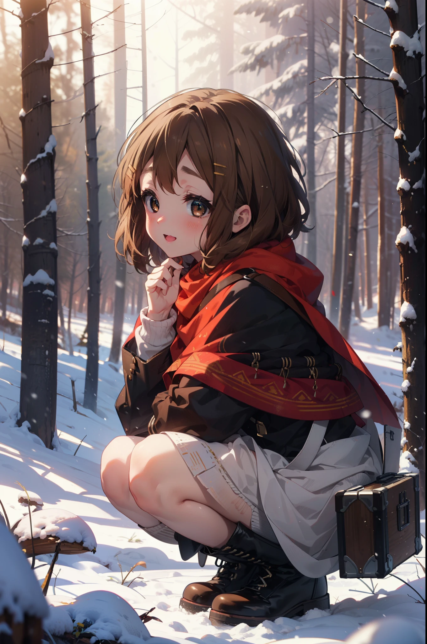 yuihirasawa, Yui Hirasawa, short hair, Brown Hair, hair ornaments, (Brown eyes:1.5), Hair Clip、smile,smile,blush,white breath,
Open your mouth,snow,Ground bonfire,, Outdoor, boots, snowing, From the side, wood, suitcase, Cape, Blurred, , forest, White handbag, nature,  Squat, Mouth closed, Cape, winter, Written boundary depth, Black shoes, red Cape break looking at viewer, Upper Body, whole body, break Outdoor, forest, nature, break (masterpiece:1.2), Highest quality, High resolution, unity 8k wallpaper, (shape:0.8), (Beautiful and beautiful eyes:1.6), Highly detailed face, Perfect lighting, Extremely detailed CG, (Perfect hands, Perfect Anatomy),