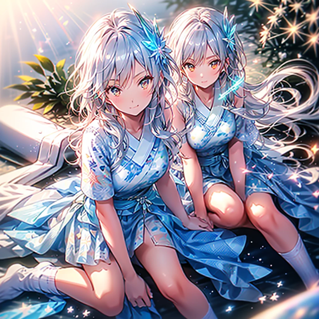 Movie angle,night,null,Beautiful Clouds,Detailed Background,constellation,starry null, One person,alone,Glowing Skin,Tilt your head,smile,whole body,Wide Shot,(kimono, Floral print, heart, ribbon, yukata:1.2),Crystal of snow,Knee socks,Reflection Bed, whole body, (8k, RAW Photos, Highest quality, masterpiece:1.2, masterpiece8k.High resolution. High resolutionの不条理:1.2, Film Grain, Blurry bokeh:1.2, Lens flare, (Bright colors:1.2), (delicate)), Glasses
